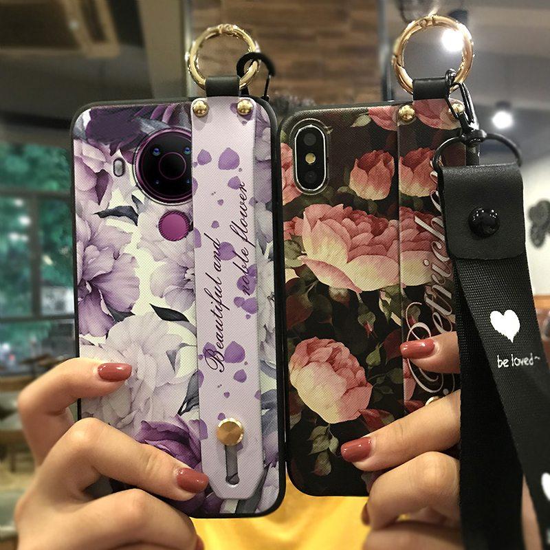 Back Cover Anti-dust Phone Case For Nokia 5.4 Wrist Strap Anti-knock Kickstand Shockproof Wristband Flower Phone Holder