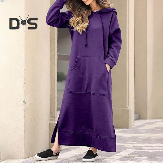 Kvinner Høst Vinter Ensfarget sweatshirtkjole Hette med snøring Langermet frontlomme sidesplitt maxikjole