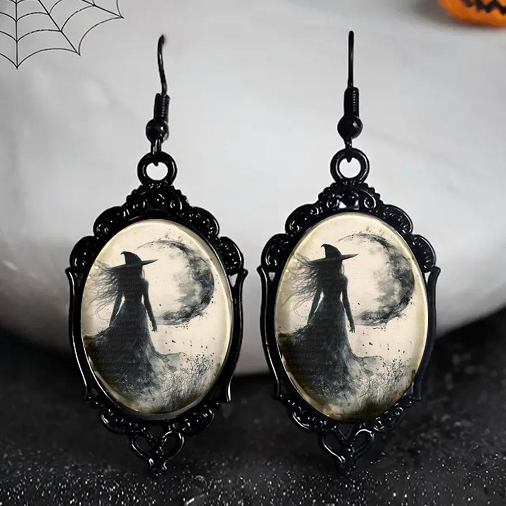 

Black Dandelion Elf Fairy Asymmetric Earrings For Women Gothic Oval Glass Dangle Earrings Jewelry