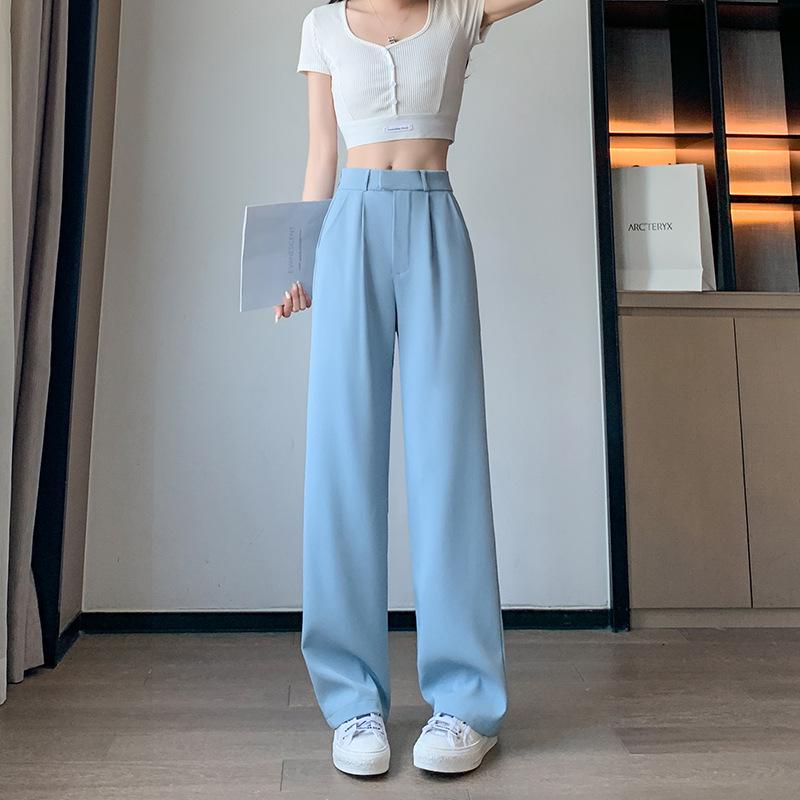 

Летние новые брюки кэжуал с высокой талией, прилегающие, прямые, с эластичной талией, цвета хаки, драпирующиеся, свободные, универсальные, костюмные брюки женские XL [Recommended 120-65kg] синий