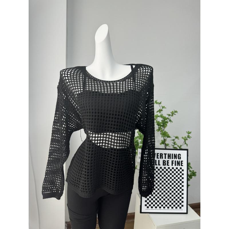 

Summer New Long-sleeved Sweater Sun Protection Thin Hollow Casual Casual Versatile Top for Women onesize чорний