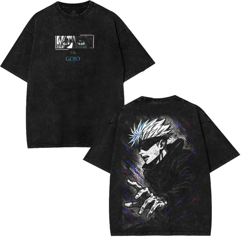 Jujutsu Kaisen Satoru Gojo Vintage Wash Oversize T-Shirt, Unisex Anime Fan Streetwear Tee, 100% Baumwolle Lässiges Kurzarm-Oberteil