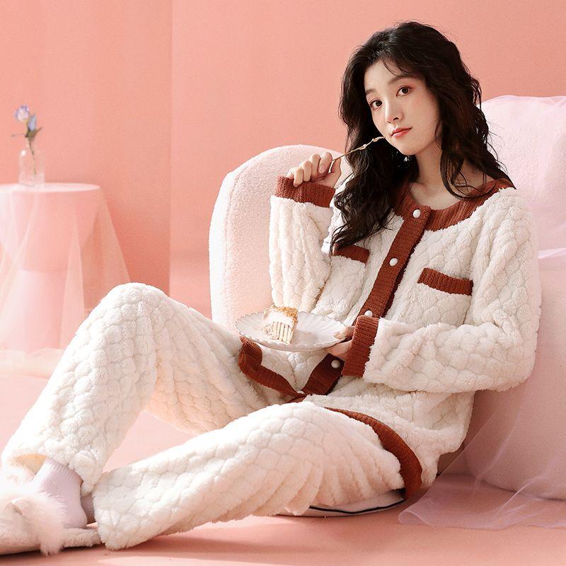 Coral Velvet Pajama Lady Autumn Winter Thickened Sweet Pure Wind Warm Flannel Luxury Outing Home Wear Set Comfortable Antistatic