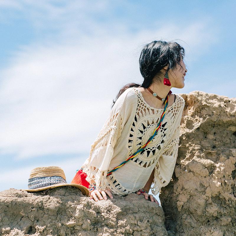 Sexy Pullover Hand Hook Hollow Half Round Knit Sweater Beach Cover-up Summer Women's Seven Sleeve Spa Shirt