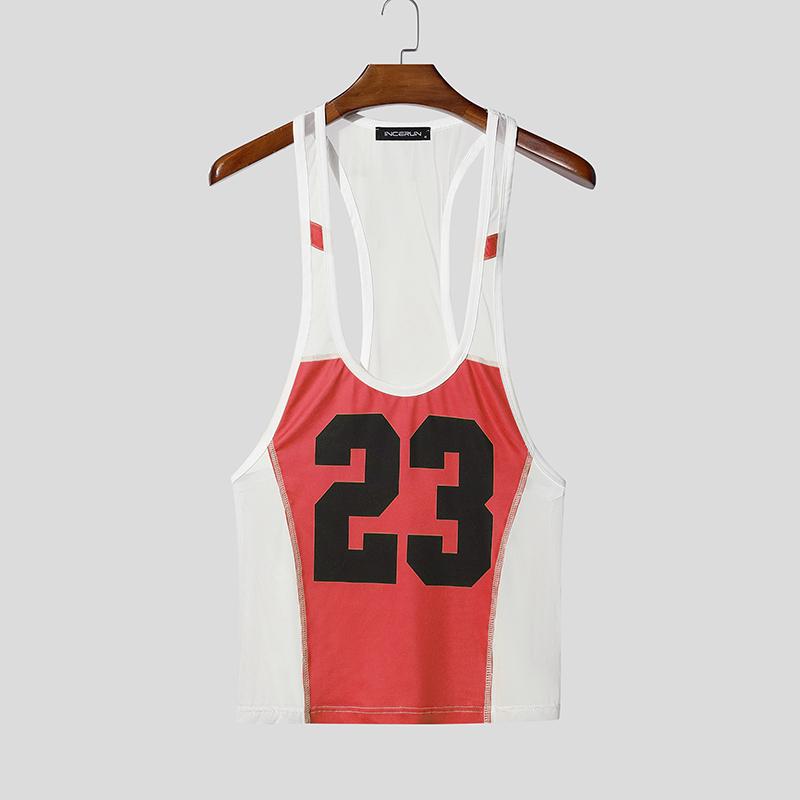 INCERUN Zomer Mannen Mouwloos Bandje Letterprint Mesh Doorzichtig Sport Tanktops Vest