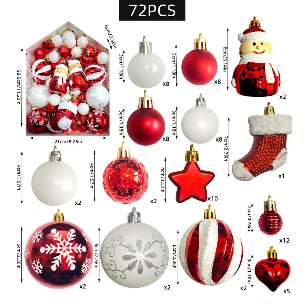 72-Piece Christmas Tree Decorations Set: Houses, Gift Boxes, Snowmen, Sleigh, and Painted Plastic Ornaments