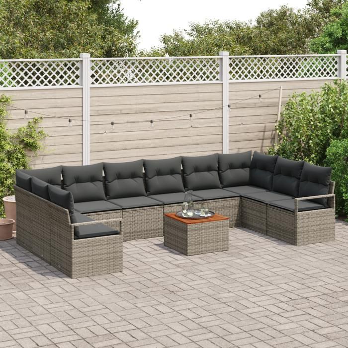 Ensemble Canapé de Jardin de 11 Pièces avec Coussins en Poly Rattan Gris, Canapé de Jardin 2 Places avec Coussins en Poly 3347755