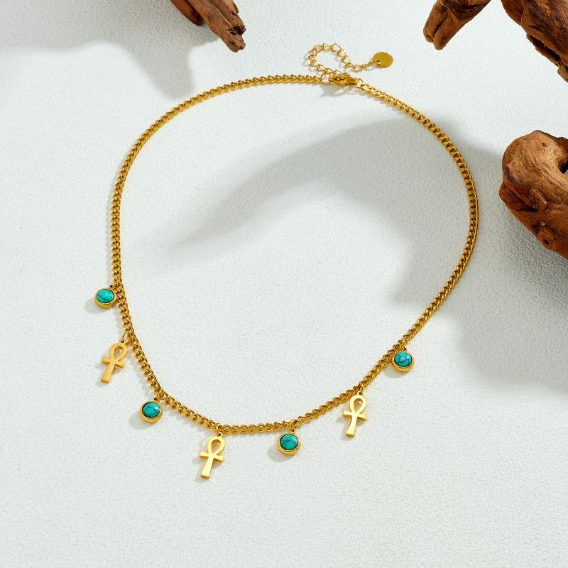 

Gold Plated Stainless Steel Ankh Symbol Turquoise Charm Cuban Chain Necklace for Women
