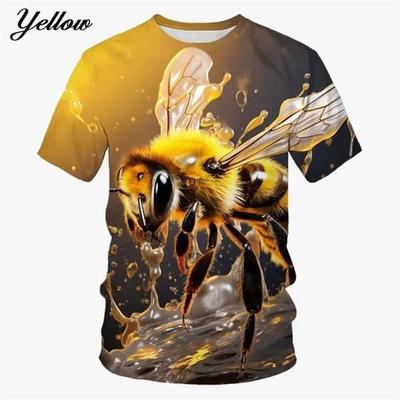 Summer Round Neck 3D Honeybee Pattern Print Top Fashionable Casual Short Sleeved Men's T-shirts