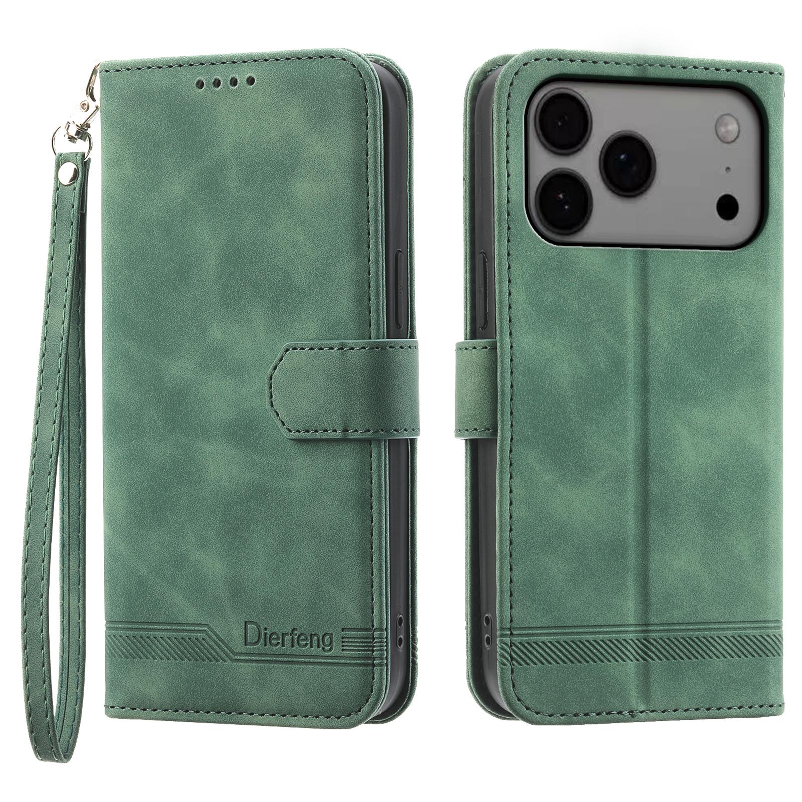 

DIERFENG DF-03 For iPhone 17 Pro Max Case Lines Imprint Wallet Leather Phone Cover with Wrist Strap Green