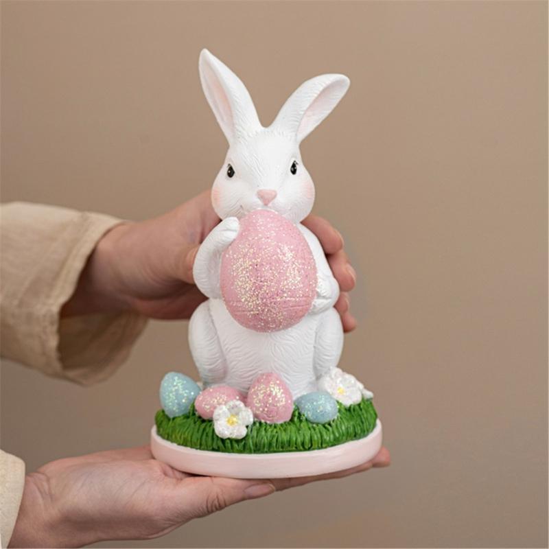 Handcrafts Resins Easters Bunnies Holding Eggs Decoration Cute Rabbit Figurine with Lawn Base for Home and Office Decors