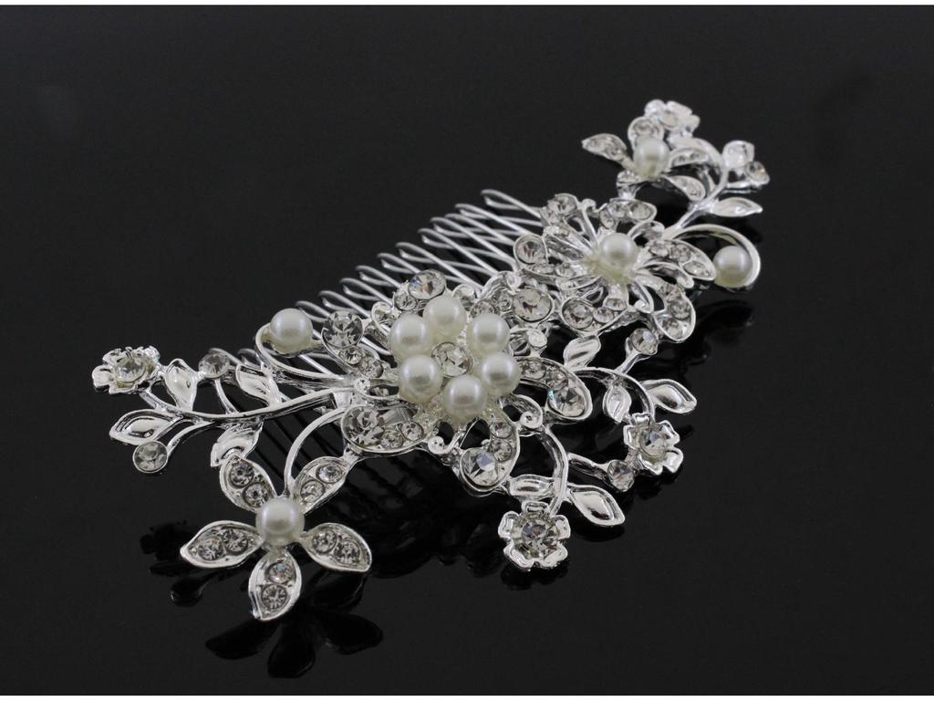 Rhinestone Inlaid Diamond Pearl Flower Hair Comb for Women
