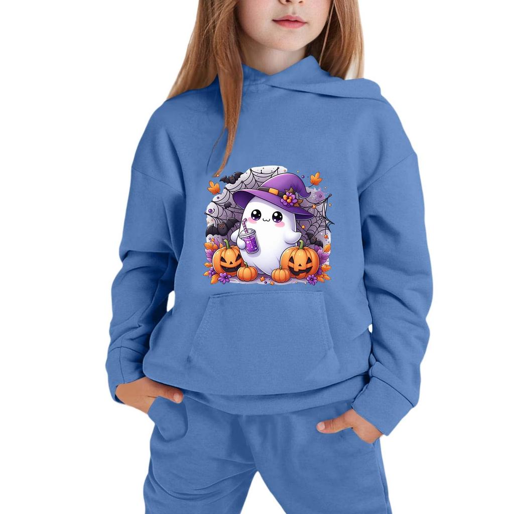 Kids Halloween Hoodie Pullover Sweatshirt with Ghost Pumpkin Print Long Sleeve Casual Top for Boys Girls