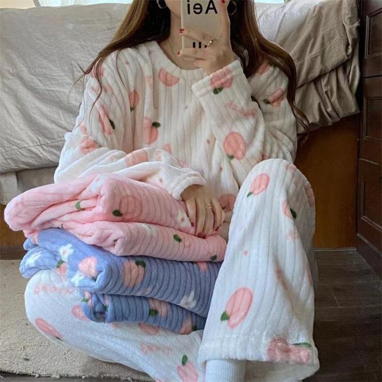 Warm Thickened Women Casual Loose Bear Bow Tie Apple Pajamas Set Sweet Cute Homewear Can Be Worn Outside Fall Winter Outfit