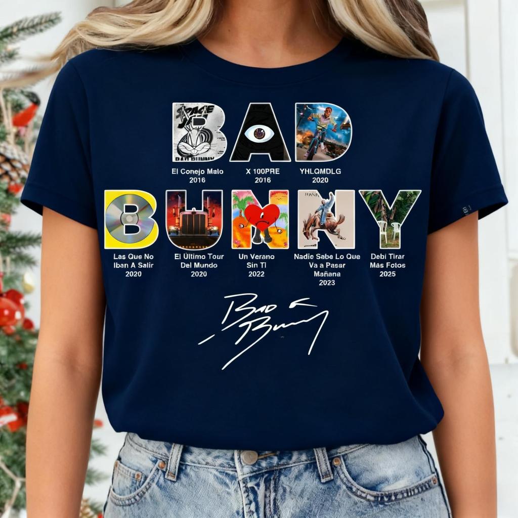 Camisetas Casuales de Algodón con Estampado de Bad Bunny para Adultos Mujeres Mangas Cortas