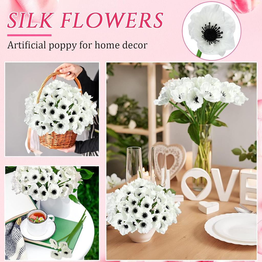 Censen 42 Pcs Artificial Poppy Flowers Bulk PU Silk Poppy Flowers 11 Inch Poppy Anemone Stems Artificial Flowers Table Centerpiece Decor for Home