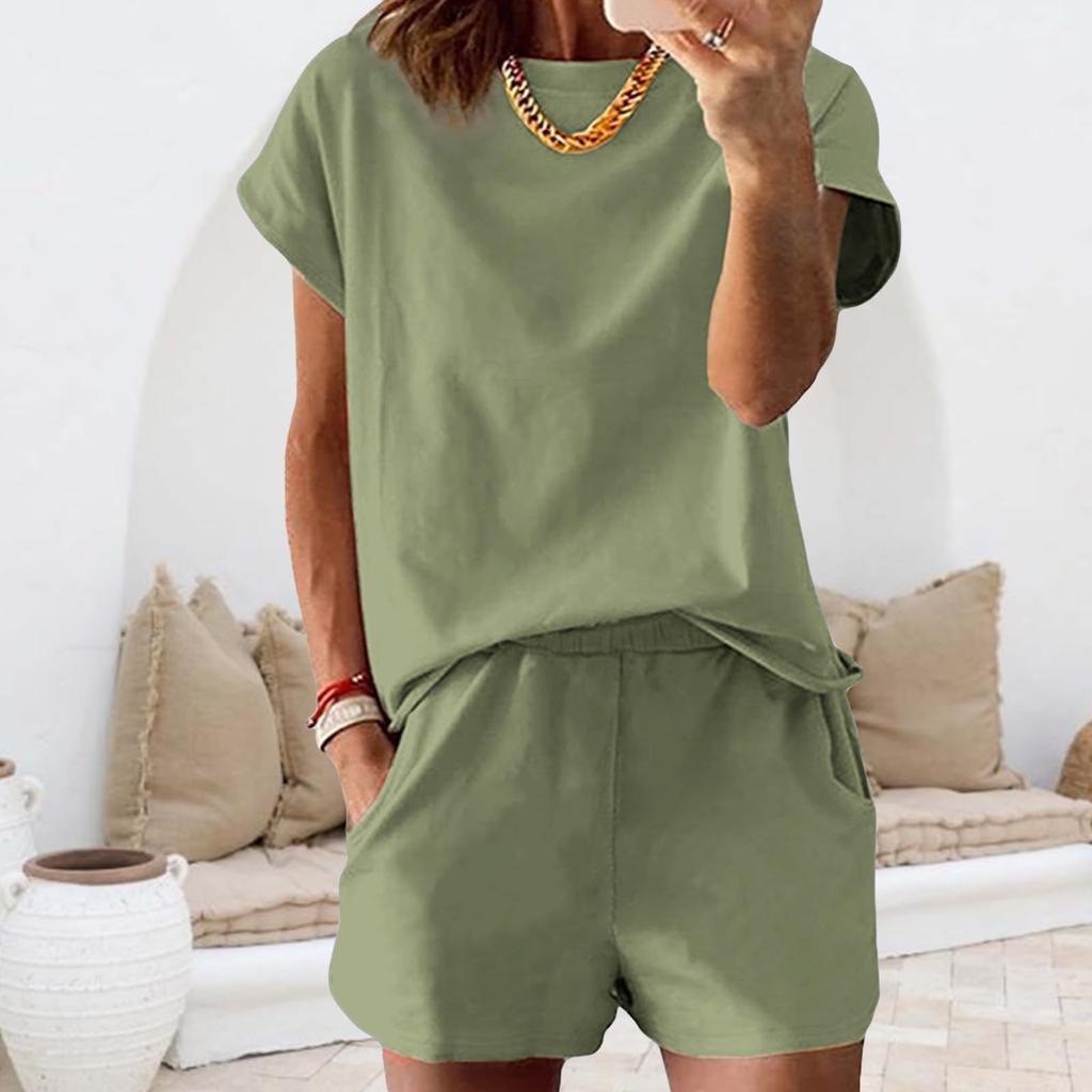 Completo Estivo da Donna a Maniche Corte con Tasche, Girocollo, Vestibilità Rilassata, Due Pezzi per l'Uso Quotidiano