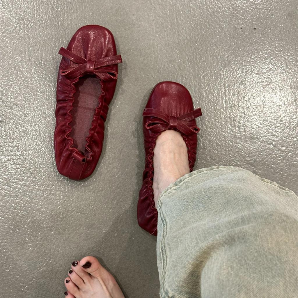 Sheepskin version~ 2025 new retro bow light mouth elastic mouth flat sole shoes women's round head ballet shoes