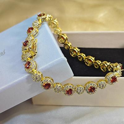 Hochwertiger edler Schmuck, elegantes 14 Karat vergoldetes Armband, Granat, runde Zirkon-Armbänder
