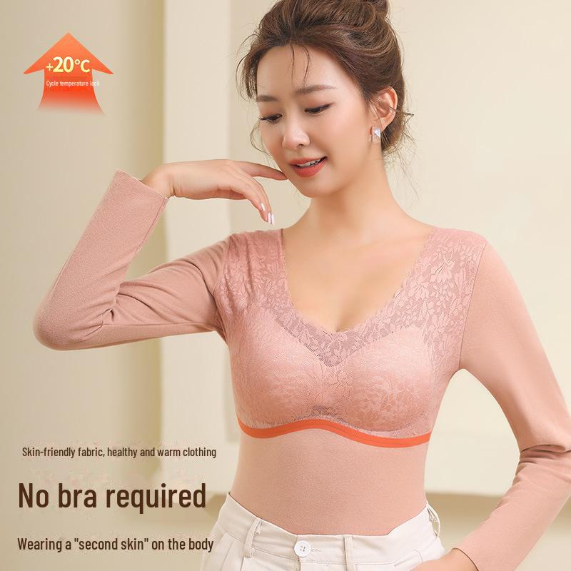 Damen Thermo-Oberteil langärmlig: Deutscher Samt, Spitze, Doppelseitig, Nahtlos mit eingebautem Brustpolster für den Herbst