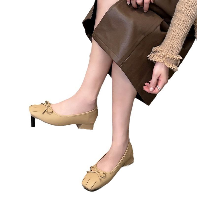 Off-white Bow Square Head Light Mouth Thick Heel Single Shoes Women's Gentle Soft Leather Grandma Shoes