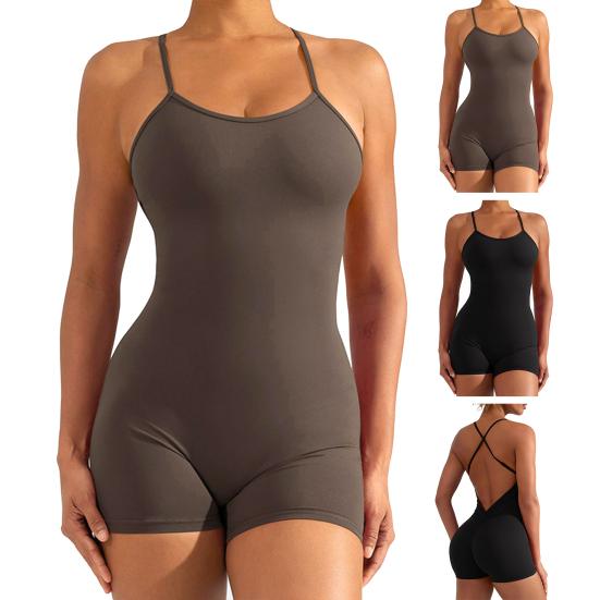 Sommer-Yoga-Strampler für Damen, mit Kreuz-Rücken, ärmellos, hohe Elastizität, dünn, weich, atmungsaktiv, tief ausgeschnitten, U-Ausschnitt, schulterfrei, Mantel, Strand, kurze Sommer-Fitness