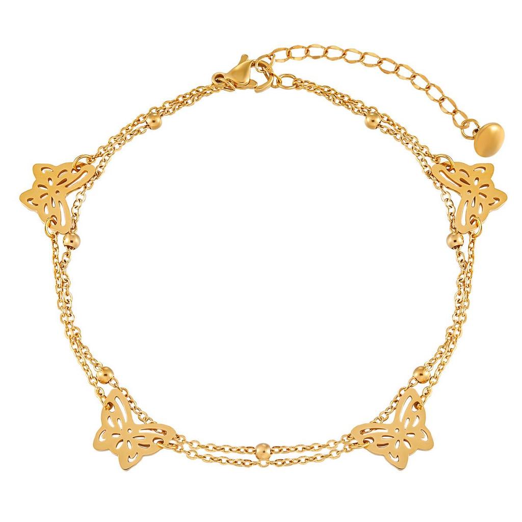 Korean INS-Style Double-Layer Butterfly Anklet for Women, Personalized Titanium Steel Gold-Plated Summer Design