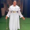 Women's Plus Size White Ruffled Chiffon Dress with Waist-Cinched Pleated Skirt