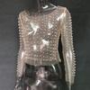 Spring/Summer Sexy Lace Mesh Top with Rhinestones and Beads for Women