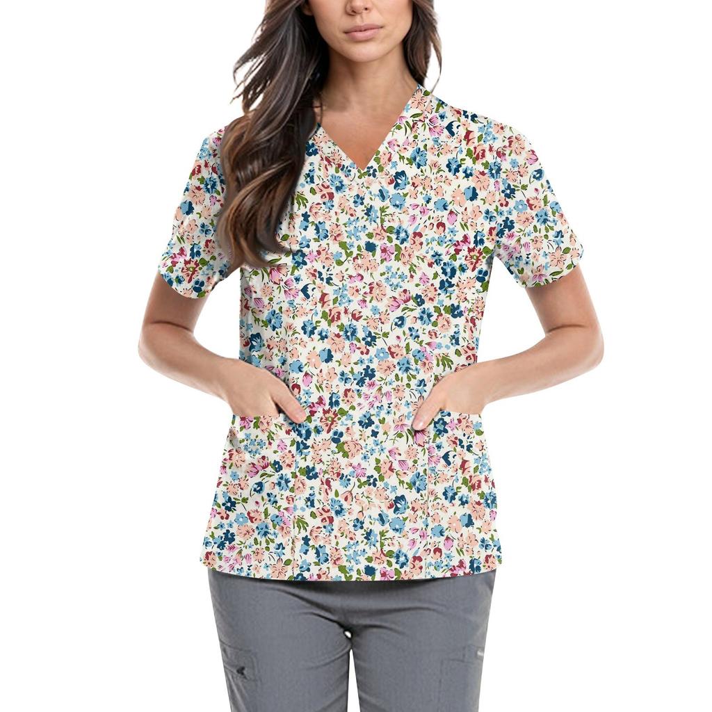 Süße bedruckte Arbeitskleidung für Damen, V-Ausschnitt, doppellagige Taschen, Basic, kurzärmeliges Oberteil, Pullover, Valentinstag