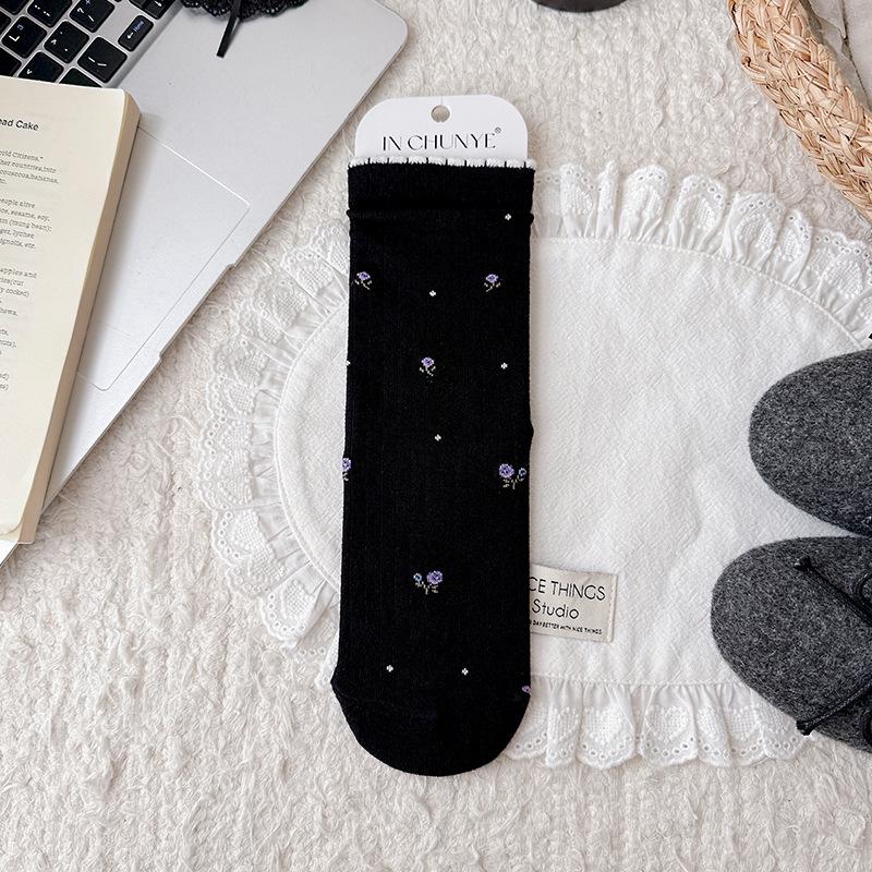 

Tide Season Retro Floral Socks Medium Tube Socks Lace French Korean Gentle Stockings Pile One size fits all чорний