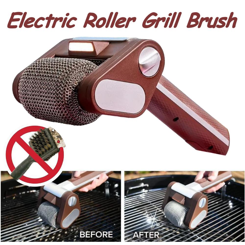 Electric Grill Brush Barbecue Roller Grill Brush with LED Light Stainless Steel Bristle-Free Cleaning Brush BBQ Accessories