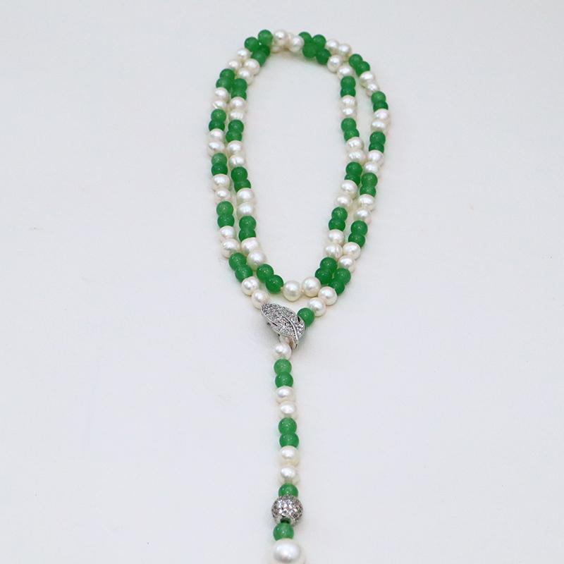 2026 Newest Style 90cm Sweater Chain 8-9mm Green Jade 7-8mm White Freshwater Pearl Necklace for Christmas Gift 90 cm&8-9mm