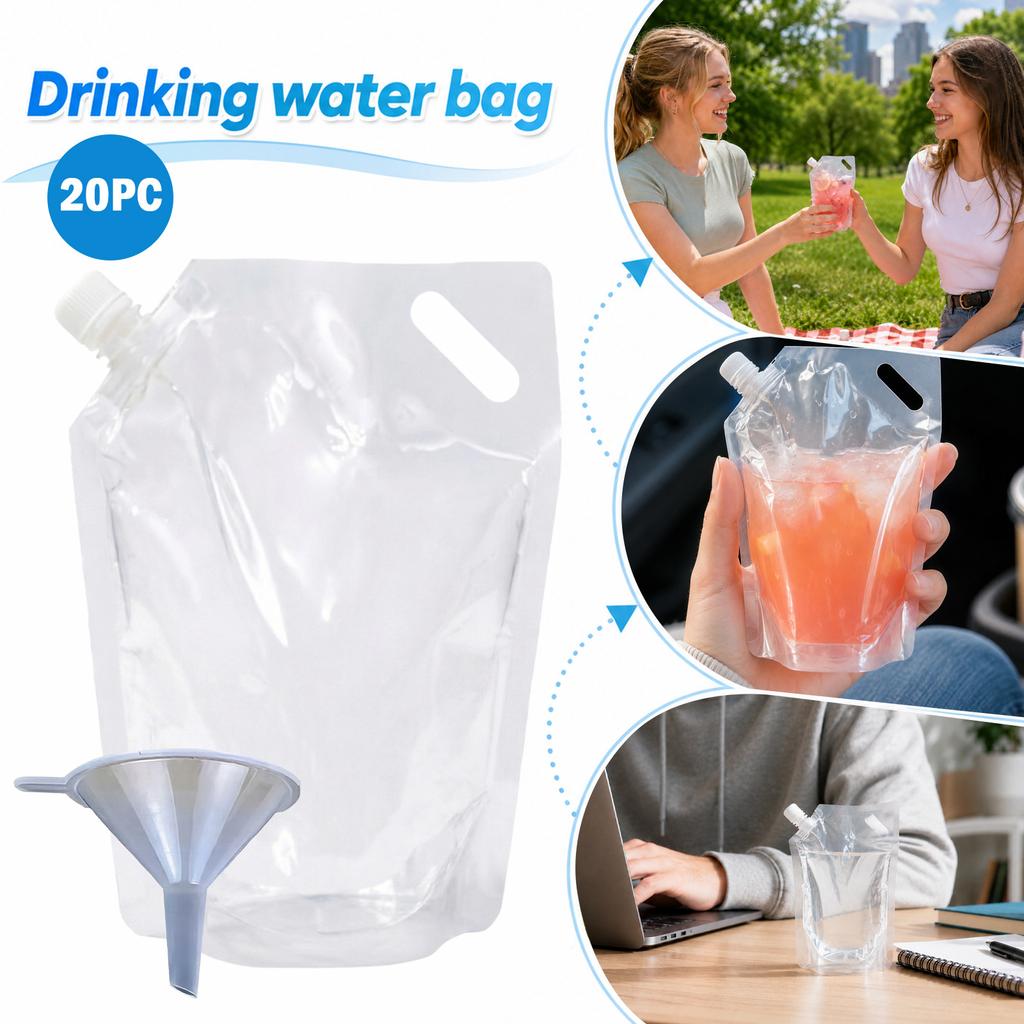 Disposable Transparent Stand Up Drink with Spout 20 Pack with Funnel for Beverage Bags