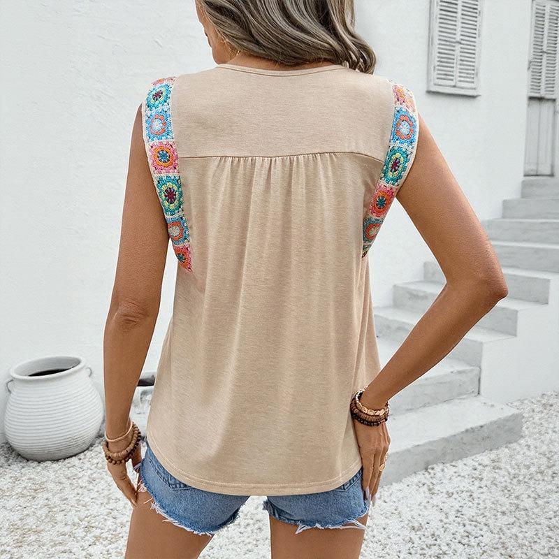 Women's Summer Loose Top National Style Round Neck Ribbon Stitching T-shirt