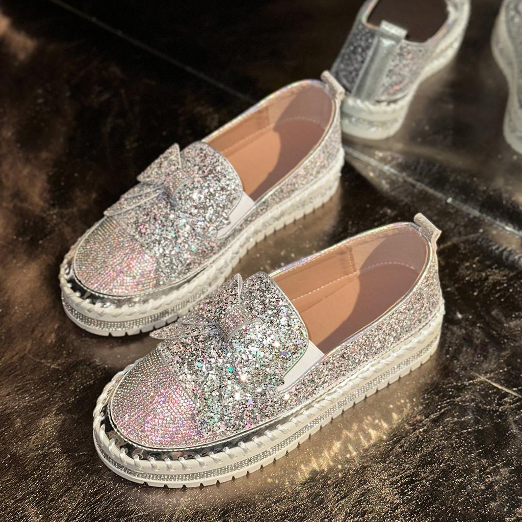 Fashion Brand Design Glitter Bowknot Loafers Women 2025 Summer Comfort Soft Sole Slip On Casual Shoes Luxury Sequin Cloth Sneakers