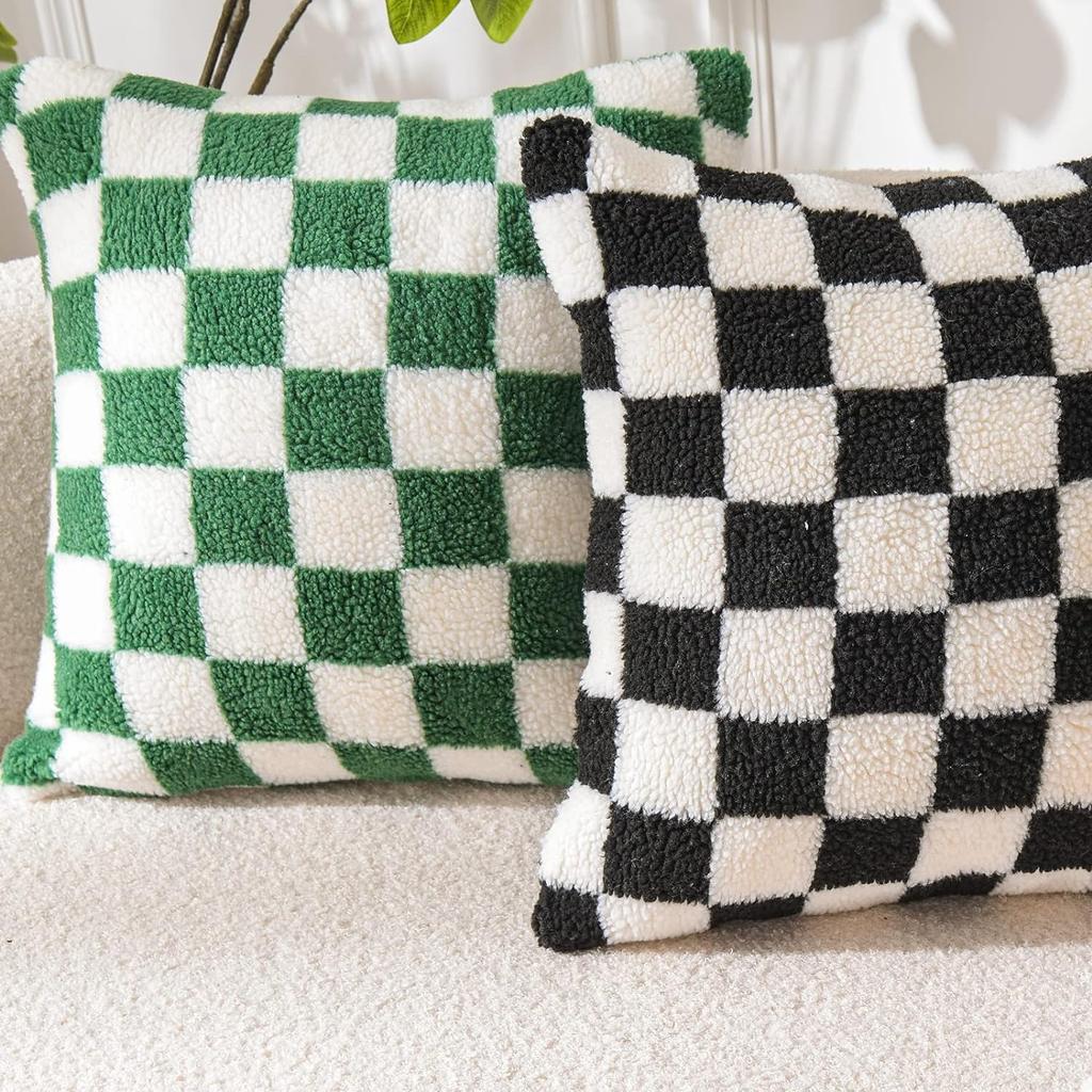 Housse de coussin jeté en laine imitation fourrure noire Housse de coussin à carreaux pour canapé salon Polyester Coussin lombaire Décoration de maison