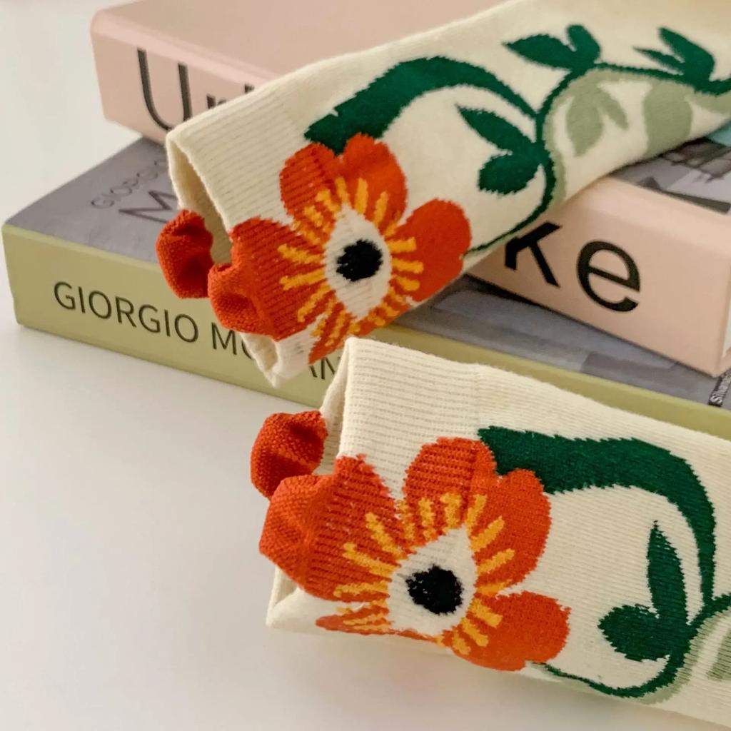 Women Socks Korean Japanese Style Cartoon Green Flower Harajuku Cute Kawaii Mid Tube Socks Breathable Casual Short  Cotton Socks