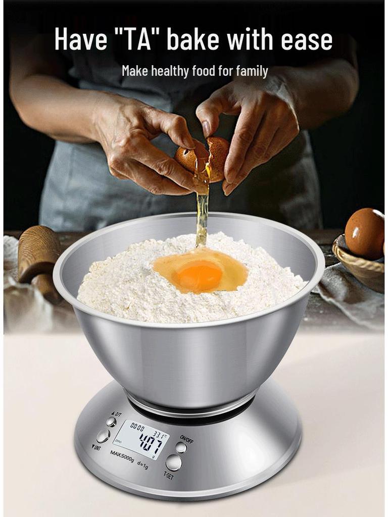 Stainless Steel Kitchen Scale with Bowl, 5kg/1g, 0.1g Precision Baking & Food Table Scale.