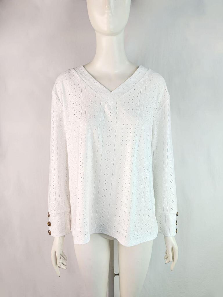 2024 Trendiges europäisches & amerikanisches Damen-Hollow-V-Ausschnitt Drop-Shoulder Langarm-Knopf-T-Shirt