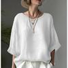 Elegant and stylish cotton-linen round-neck short-sleeve top, new summer model, versatile and loose-fitting plus-size women's clothing