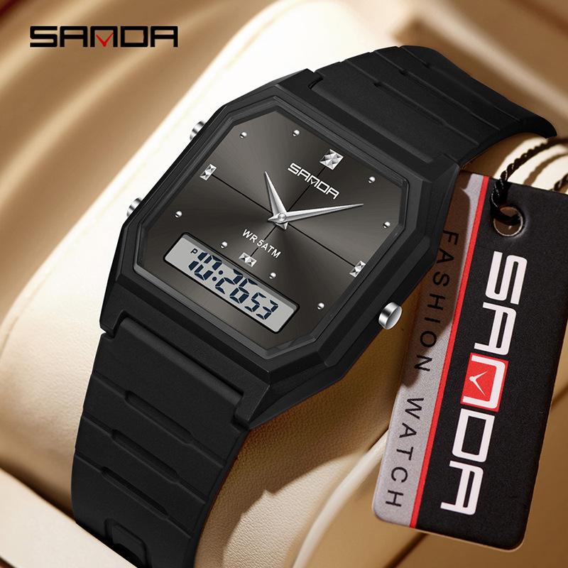 Sanda Waterproof Square Alarm Watch - Luminous Chronograph Sports Wristwatch for Students