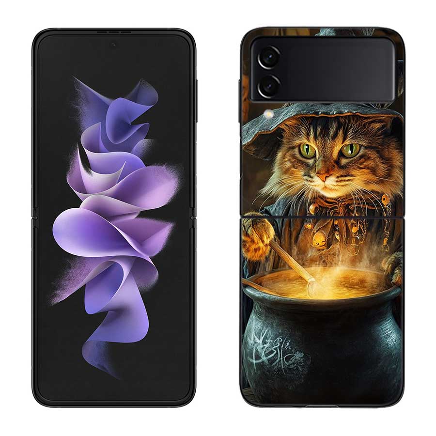 Halloween Magic Cat Phone Case For Samsung Z Flip 7 6 5G Galaxy Z Flip 5 4 3 Black Hard Cell Cover Luxury PC Shell Coque