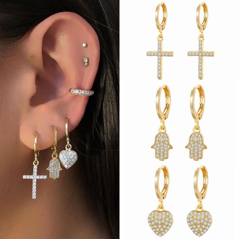 Rhinestone Zircon Peach Heart Cross Dangle Earrings In Ins Style