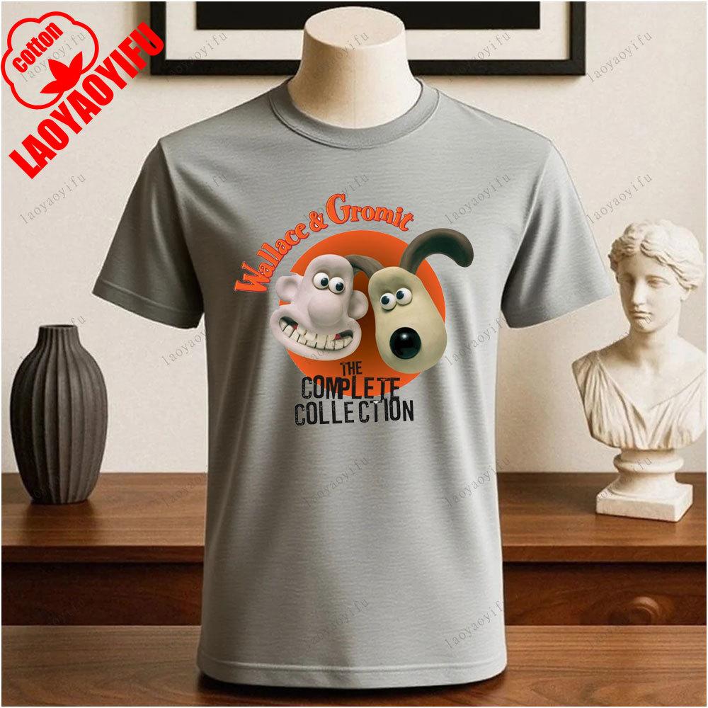 Wallace und Gromit Bedruckte T-Shirts Tops Cartoon und Anime Bedrucktes T-Shirt Sommer All-Match Mode Baumwoll-T-Shirt