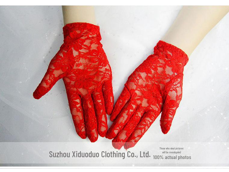 Cienkie koronkowe rękawiczki ślubne na lato – ochrona przed słońcem, model pięciopalczasty, dostępne w kolorze czerwonym, czarnym i białym.