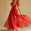 Women's V Neck Short Sleeve Maxi Dress Loose Fit High Waist Sweet Floral Print Chiffon A-Line Dress