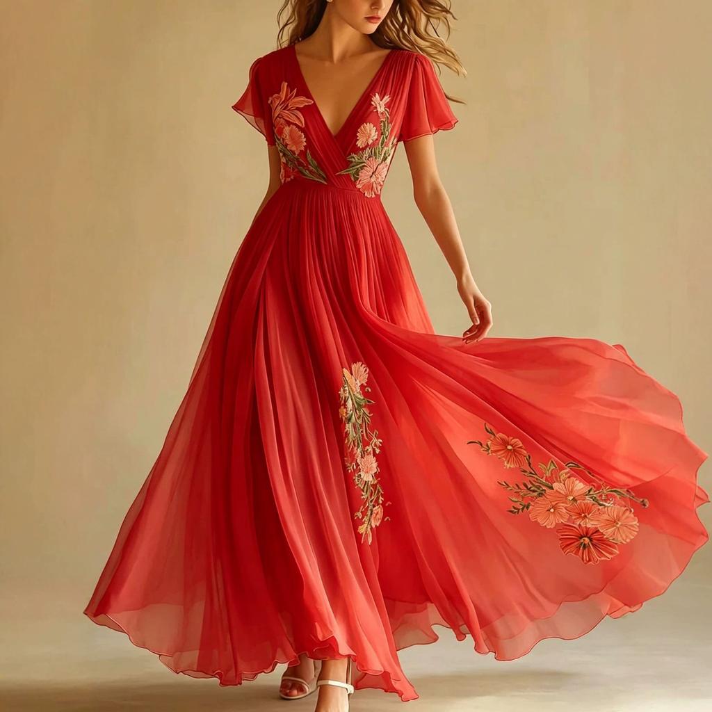 Women's V Neck Short Sleeve Maxi Dress Loose Fit High Waist Sweet Floral Print Chiffon A-Line Dress