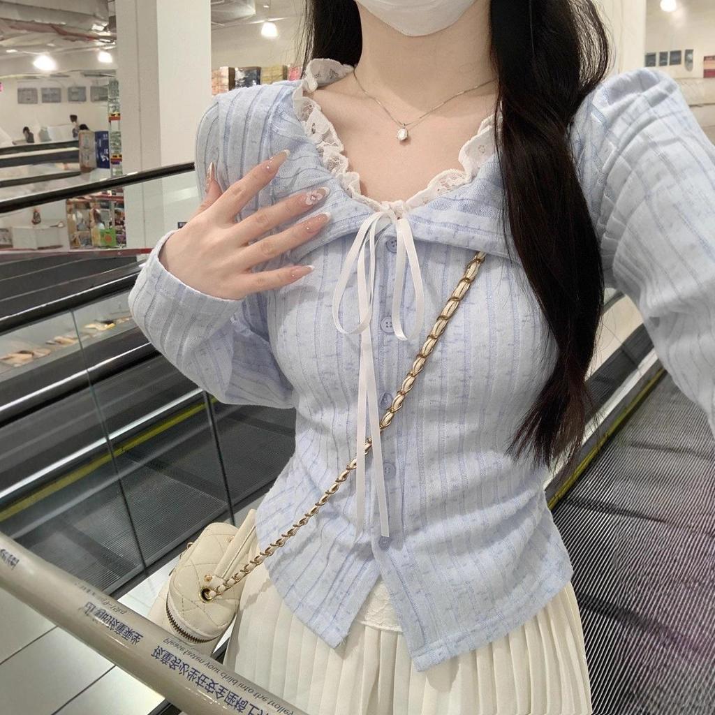 Autumn Winter 2026 Korean Style Lace Bow Two-Piece Long Sleeve Women's Top