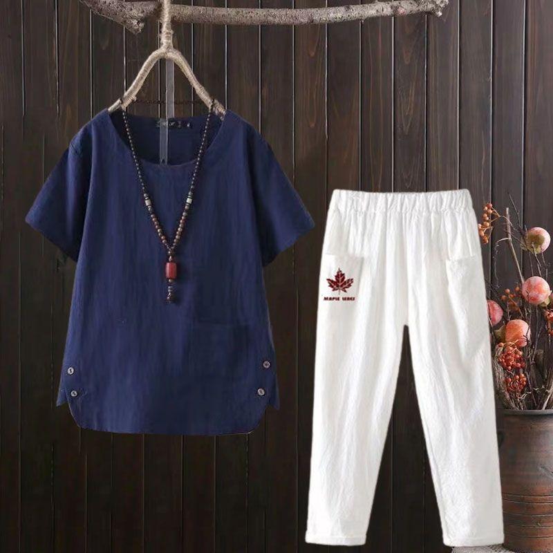 2pcs Cotton Linen Pants Suits Summer Women's Round Neck Cotton Linen Blouse Elastic Waist Cotton Linen Harem Pants Two-Piece Set Casual  Outfits